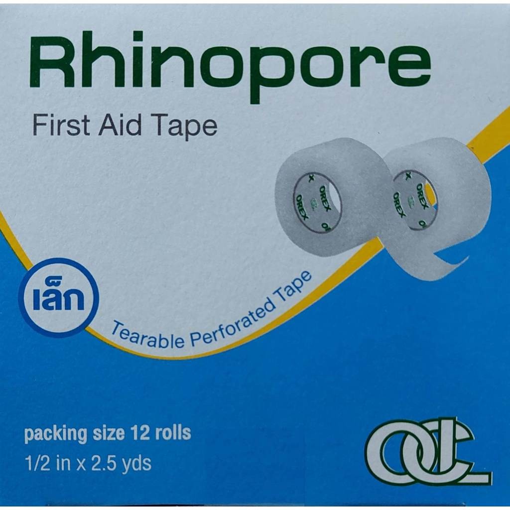 Rhinopore First Aid Tape (1 กล่อง 12 ม้วน) 1/2"x2.5y. ไรโนพอร์ 1/2 นิ้ว x 2.5 หลา เทปใส ใช้แต่งแผล