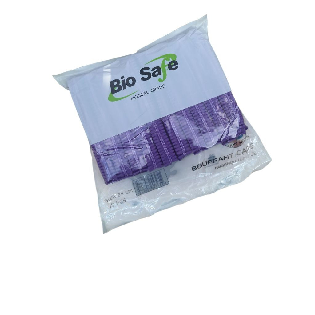 BIOSAFE BOUFFANT CAP หมวกคลุมผมตัวหนอน ขนาด 21 CM แพค 50 ชิ้น ผลิตจากห้องคลีนรูม ขนาดใหญ่ใส่แล้วไม่เจ็บหัว
