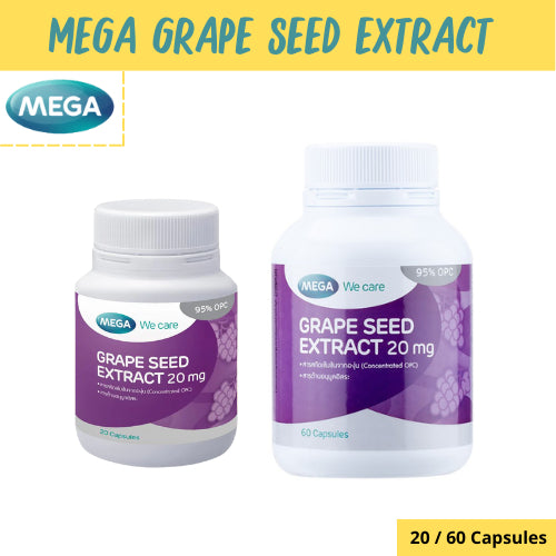 MEGA We care เมก้าวีแคร์ GRAPE SEED 20 mg 20 / 60 's สารสกัดจากเมล็ดองุ่น 20 มก. ผลิตภัณฑ์เสริมอาหาร 60 เม็ด
