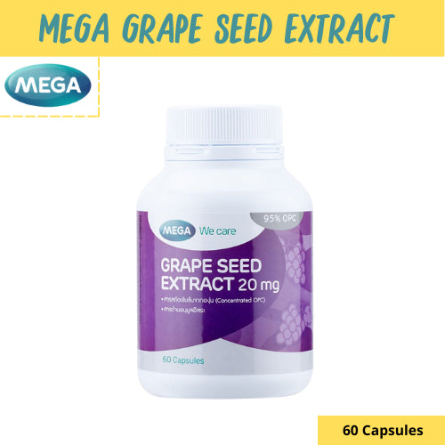 MEGA We care เมก้าวีแคร์ GRAPE SEED 20 mg 20 / 60 's สารสกัดจากเมล็ดองุ่น 20 มก. ผลิตภัณฑ์เสริมอาหาร 60 เม็ด