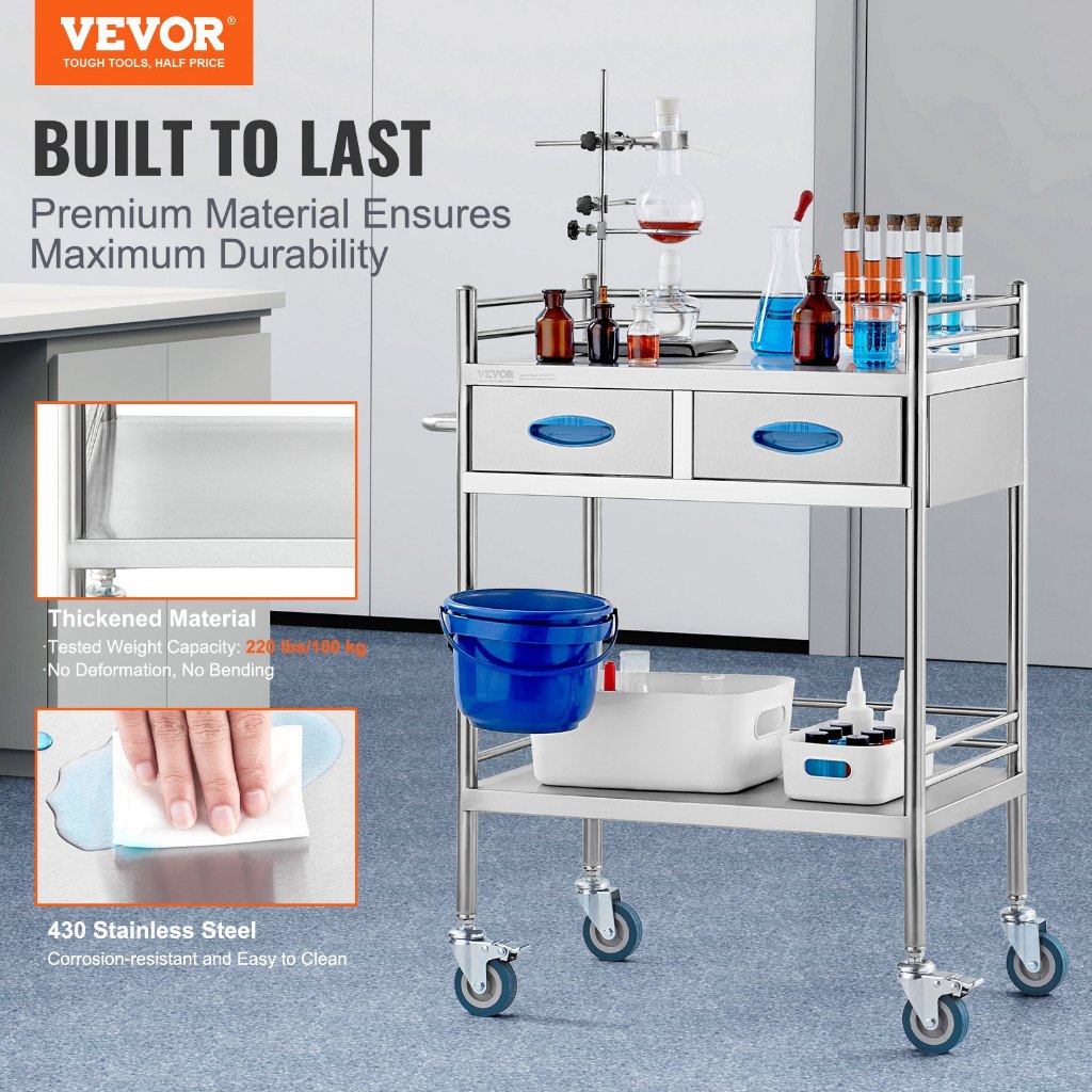 Happy Trolley - Stainless Steel Clinic Hospital Trolley (2 Drawers)
