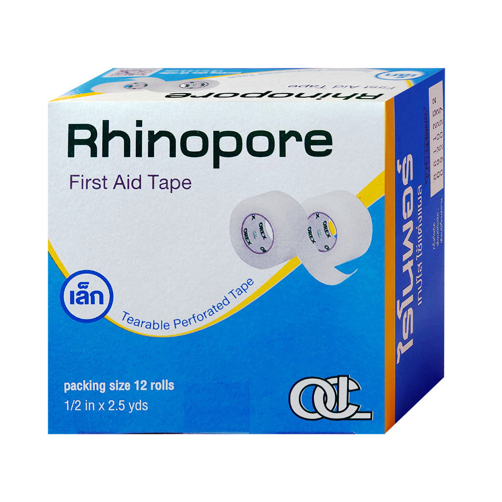 Rhinopore First Aid Tape (1 กล่อง 12 ม้วน)  1/2"x2.5y. ไรโนพอร์ 1/2 นิ้ว x 2.5 หลา เทปใส ใช้แต่งแผล