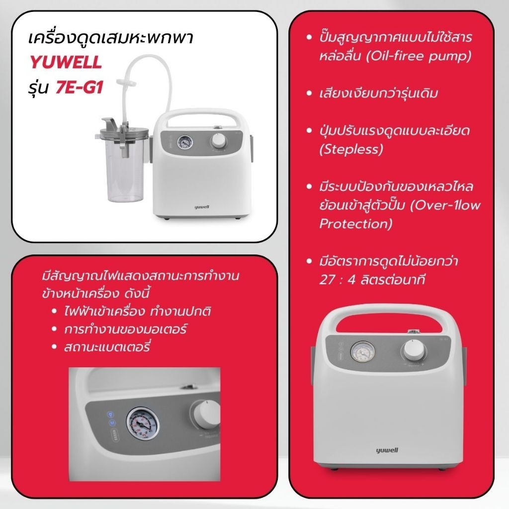 Yuwell Thailand Suction Unit เครื่องดูดเสมหะ Yuwell รุ่น 7E-G1 (มีแบตเตอรี่พกพาได้) [2 Year Warranty]