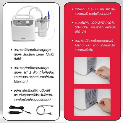 Yuwell Thailand Suction Unit เครื่องดูดเสมหะ Yuwell รุ่น 7E-G1 (มีแบตเตอรี่พกพาได้) [2 Year Warranty]