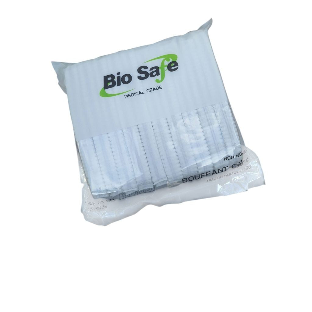 BIOSAFE BOUFFANT CAP หมวกคลุมผมตัวหนอน ขนาด 21 CM แพค 50 ชิ้น ผลิตจากห้องคลีนรูม ขนาดใหญ่ใส่แล้วไม่เจ็บหัว