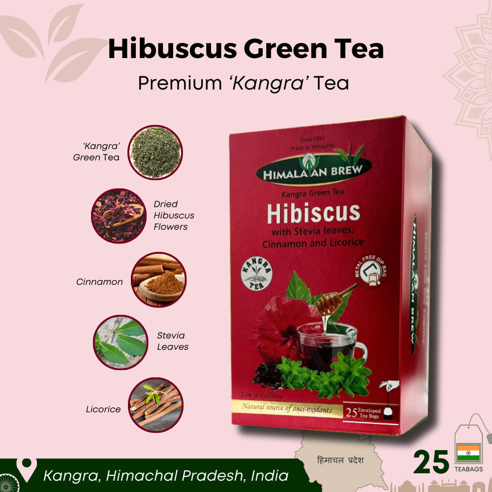 Himalayan Brew Hibiscus Green Tea (25 tea bags) ชาเขียวชบา ชนิดซอง แพ็ค 25 ซอง (low caffeine) Kangra Tea