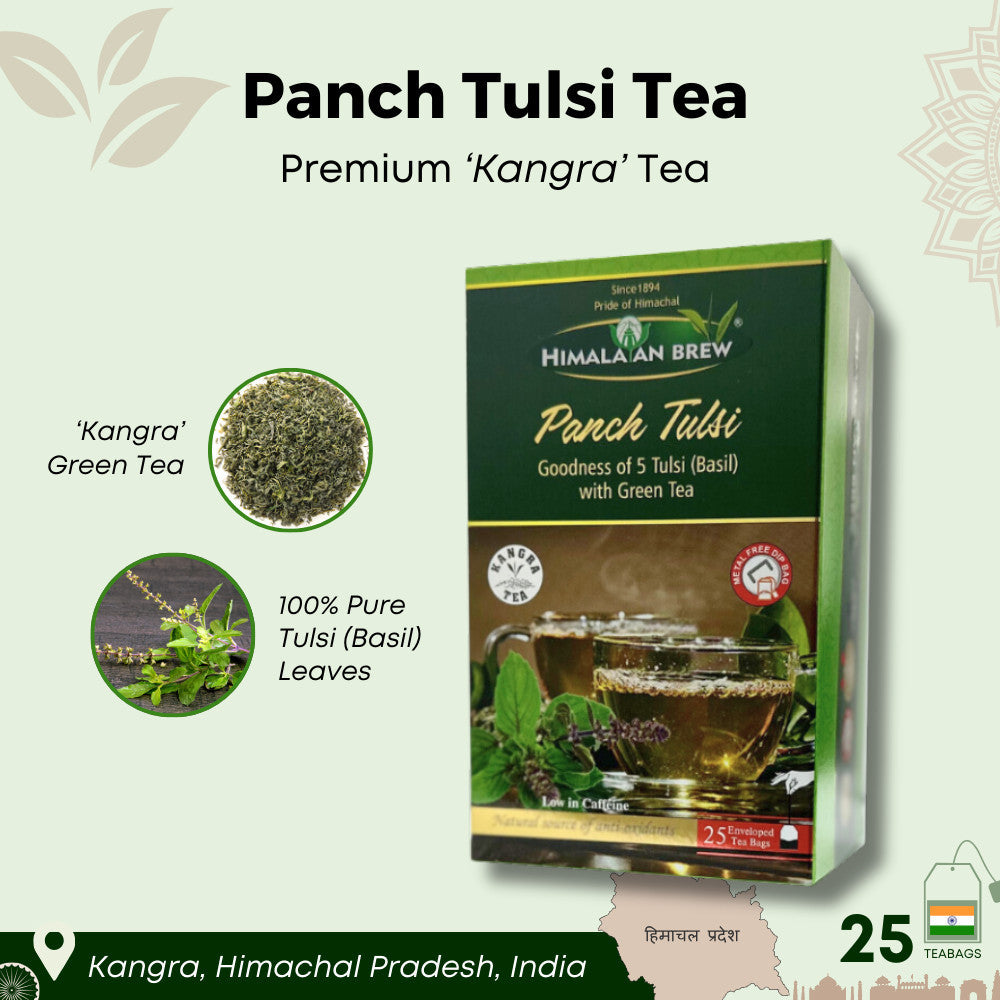 Himalayan Brew Panch Tulsi (Basil) Green Tea (25 tea bags) ชาเขียวใบโหระพา ชนิดซอง แพ็ค 25 ซอง (low caffeine) Kangra Tea