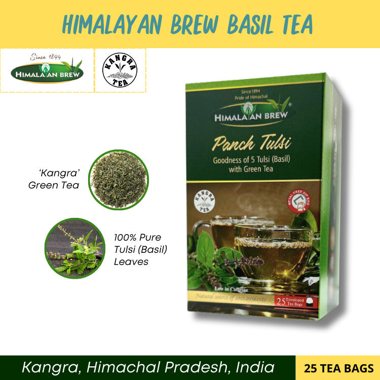 Himalayan Brew Panch Tulsi (Basil) Green Tea (25 tea bags) ชาเขียวใบโหระพา ชนิดซอง แพ็ค 25 ซอง (low caffeine) Kangra Tea