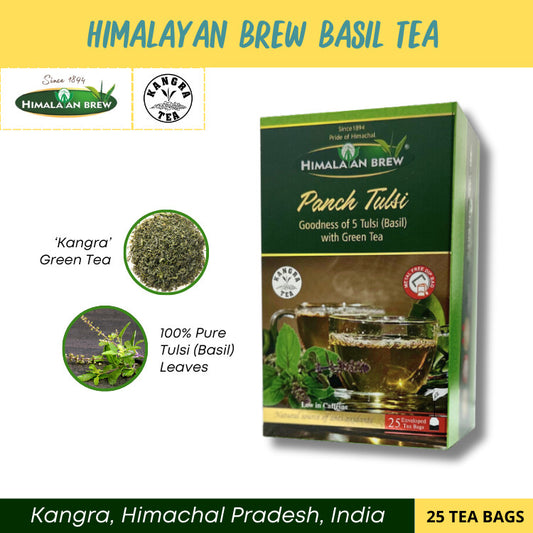 Himalayan Brew Panch Tulsi (Basil) Green Tea (25 tea bags) ชาเขียวใบโหระพา ชนิดซอง แพ็ค 25 ซอง (low caffeine) Kangra Tea