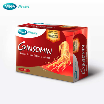 Mega We Care เมก้าวีแคร์ GINSOMIN (3x10's ) จินโซมิน ผลิตภัณฑ์เสริมอาหาร 30 เม็ด