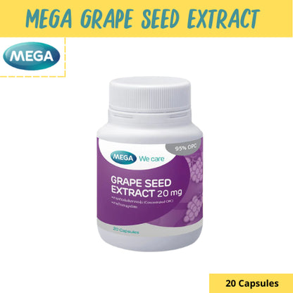 MEGA We care เมก้าวีแคร์ GRAPE SEED 20 mg 20 / 60 's สารสกัดจากเมล็ดองุ่น 20 มก. ผลิตภัณฑ์เสริมอาหาร 60 เม็ด