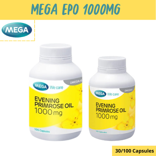 MEGA We care เมก้าวีแคร์ Evening primrose oil 1000 mg 30 / 100 's น้ำมันอีฟนิ่งพริมโรส 1000 มก. ผลิตภัณฑ์เสริมอาหาร
