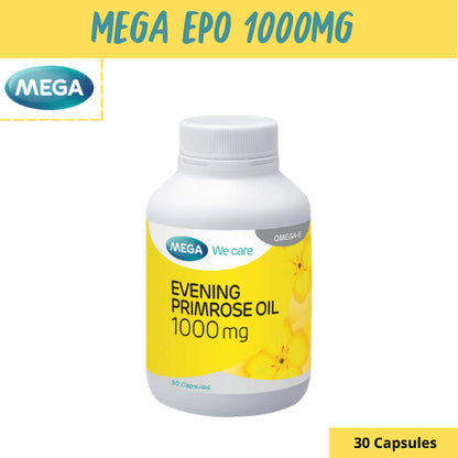 MEGA We care เมก้าวีแคร์ Evening primrose oil 1000 mg 30 / 100 's น้ำมันอีฟนิ่งพริมโรส 1000 มก. ผลิตภัณฑ์เสริมอาหาร