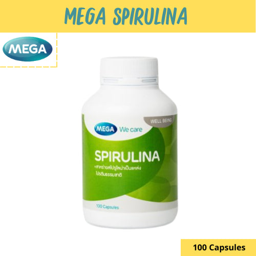 MEGA We care เมก้าวีแคร์ SPIRULINA 100 's สาหร่ายสไปรูไลน่า 500 มิลลิกรัม ผลิตภัณฑ์เสริมอาหาร 100 เม็ด