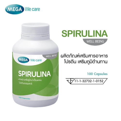 MEGA We care เมก้าวีแคร์ SPIRULINA 100 's สาหร่ายสไปรูไลน่า 500 มิลลิกรัม ผลิตภัณฑ์เสริมอาหาร 100 เม็ด