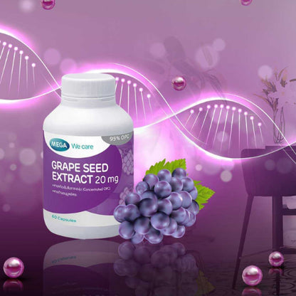 MEGA We care เมก้าวีแคร์ GRAPE SEED 20 mg 20 / 60 's สารสกัดจากเมล็ดองุ่น 20 มก. ผลิตภัณฑ์เสริมอาหาร 60 เม็ด