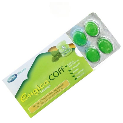 Mega We Care Eugica Coff Lozenge - เมก้า วีแคร์ ยูจิก้า คอฟ ลูกอมสมุนไพร บรรเทาอาการเจ็บคอ (8เม็ด/แผง)