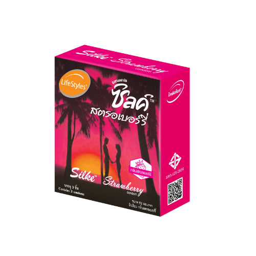 (6 แถม 6) LifeStyles Silke Strawberry Condom ถุงยางอนามัย สตรอเบอร์รี่ ผิวเรียบ ขนาด 52 มม. บรรจุ 12 กล่อง (36 ชิ้น)
