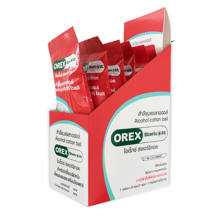 OREX Stericott สำลีก้อน ชุบแอลกอฮอล์ 70% Alcohol cotton swab (10แผง/กล่อง) แผงละ 8ก้อน [ยกกล่อง]