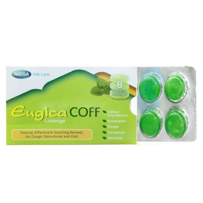 Mega We Care Eugica Coff Lozenge - เมก้า วีแคร์ ยูจิก้า คอฟ ลูกอมสมุนไพร บรรเทาอาการเจ็บคอ (8เม็ด/แผง)