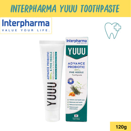 Interpharma YUUU toothpaste ยาสีฟัน [1หลอด] สูตรโปรไบโอติก และ น้ำมันสนเข็มเกาหลี ช่วยระงับกลิ่นปาก 120g