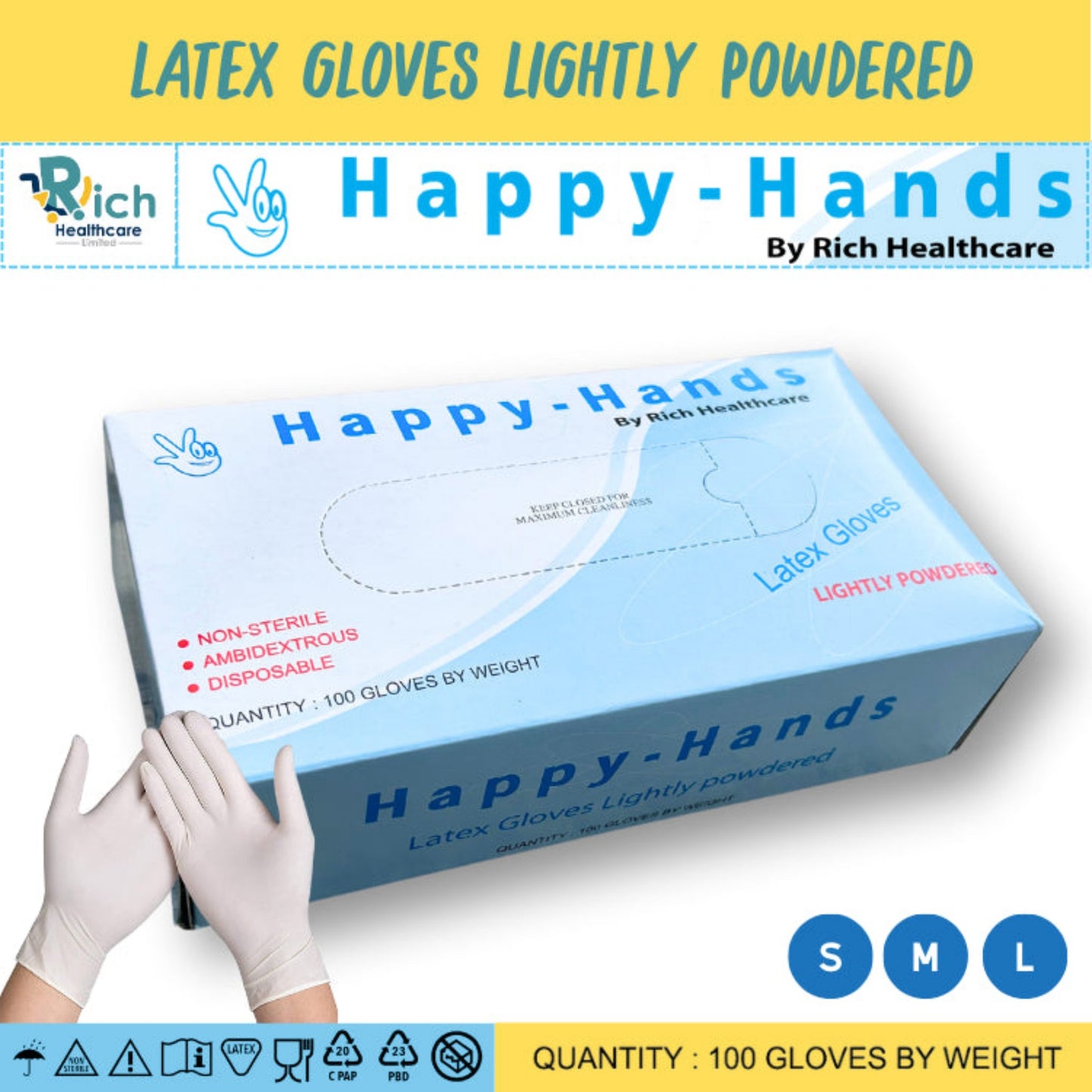 Happy Hands [Lightly Powder] Natural Latex Gloves [1box / 100 gloves]