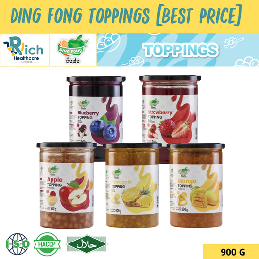 DingFong Toppings Apple, Blueberry, Mango, Strawberry ผลิตภัณฑ์กลุ่มบุกเยลลี่/บุกคริสตัล ท็อบปิ้ง 900กรัม