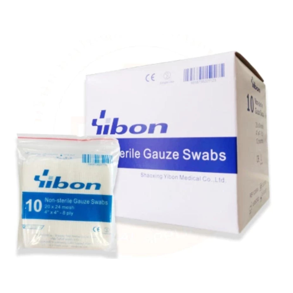 Yibon Non Sterile Gauze Swabs ผ้าก๊อซ 8 พับ ยิบบอน 2"x2", 3"x3", 4"x4" (10ชิ้น/ซอง)(10ซอง/กล่อง)