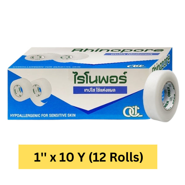 Rhinopore Transparent Tape 1/2" x  10 Y (24rolls/box), 1 '' x 10 Y (12 Rolls/Box)