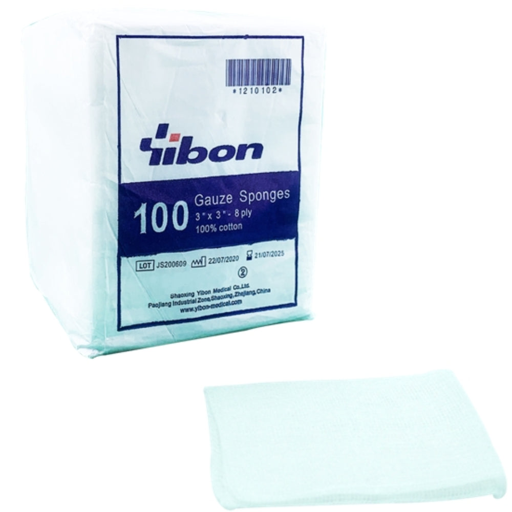 Yibon 100 Gauze Sponges (100% Cotton) ผ้าก๊อซพับ 8 พับ 2"x2", 3"x3" (100 แผ่น/ห่อ)