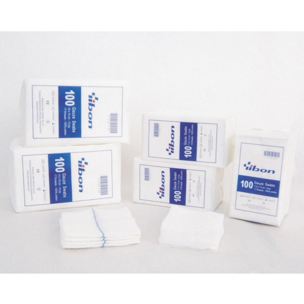 Yibon 100 Gauze Sponges (100% Cotton) ผ้าก๊อซพับ 8 พับ 2"x2", 3"x3" (100 แผ่น/ห่อ)