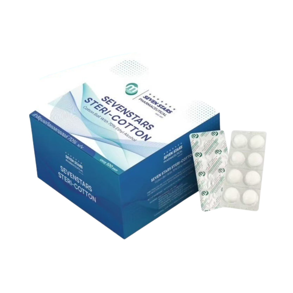 SEVENSTARS STERI-COTTON Cotton Ball With 70% Ethyl Alcohol สำลีชุบเอทิลแอลกอฮอล์ 70% [ขนาดบรรจุ :1x100แผงx8ก้อน]