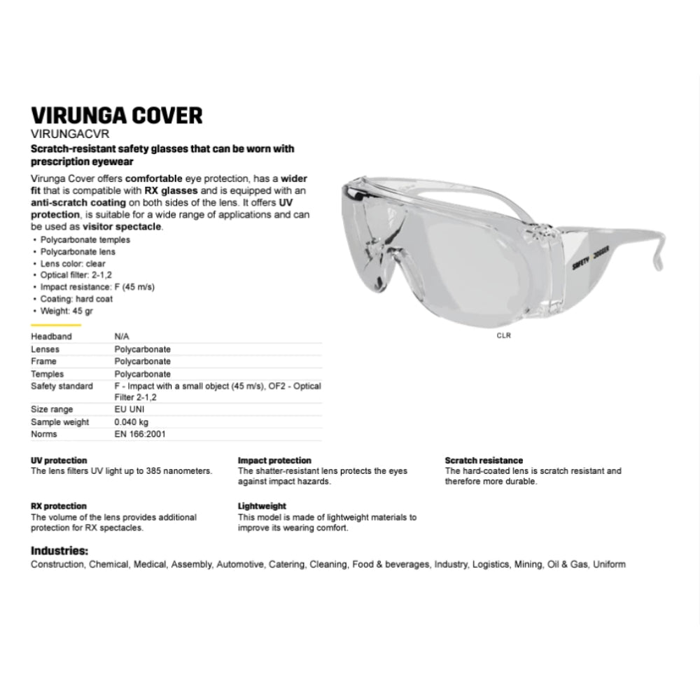 Safety Jogger - VIRUNGA COVER 1 ชิ้น แว่นตานิรภัย แว่นตากันฝุ่่น มีกรอบข้าง [Safety Eyewear] UV Protection