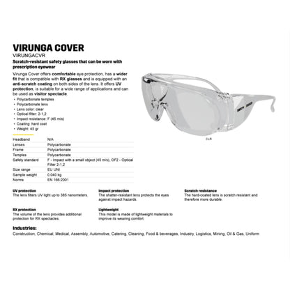 Safety Jogger - VIRUNGA COVER 1 ชิ้น แว่นตานิรภัย แว่นตากันฝุ่่น มีกรอบข้าง [Safety Eyewear] UV Protection