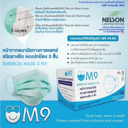 M9 Surgical Medical Mask 3 PLY [Level 2] หน้ากากอนามัย น้ากากอนามัยผู้ใหญ่ ทางการแพทย์ แบบปกป้อง 3 ชั้น กล่องละ 50 ชิ้น