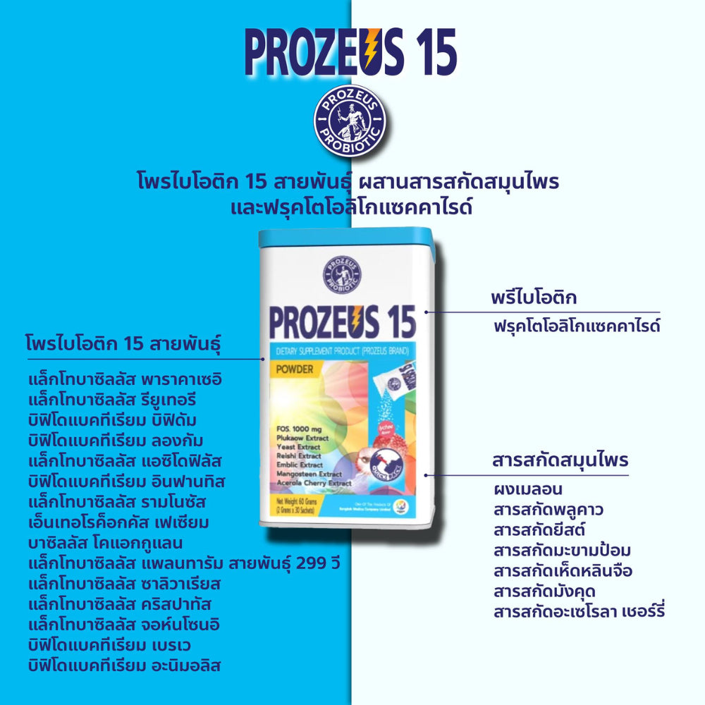 PROZEUS 15 Probiotic & Prebiotic (30 ซอง) โพรไบโอติกปรับสมดุลร่างกาย ผลิตภัณฑ์เสริมอาหาร โพรซิอุส 15
