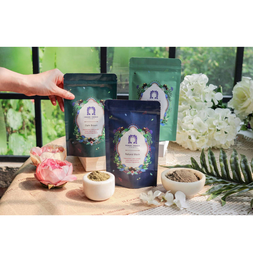 Indian Indigo Henna ผงพืชย้อมผม สี Natural Black /Dark Brown /Chestnut สูตรบอบบางแพ้ง่าย