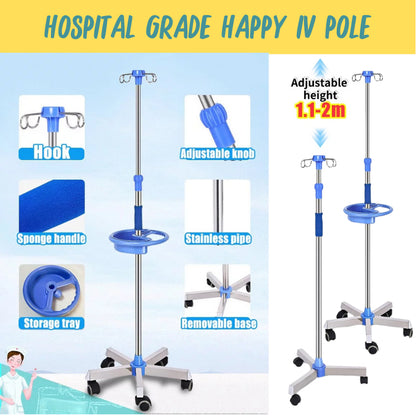 Happy IV Pole - SS Base IV Pole เสาน้ำเกลือแสตนเลส เสาแขวนน้ำเกลือปรับได้เกรดโรงพยาบาล IV Pole [Hospital Grade]