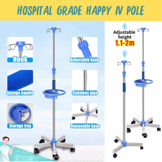 Happy IV Pole - SS Base IV Pole เสาน้ำเกลือแสตนเลส เสาแขวนน้ำเกลือปรับได้เกรดโรงพยาบาล IV Pole [Hospital Grade]