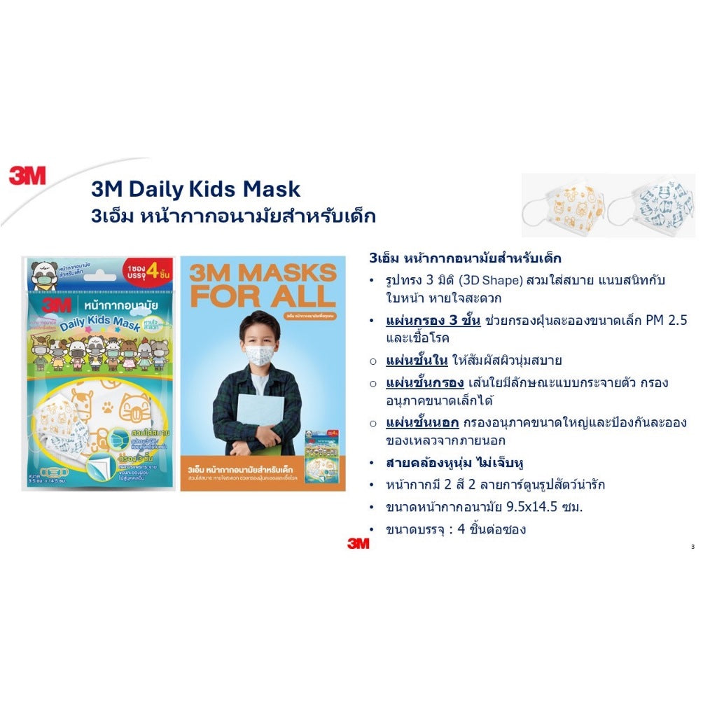 3M Daily Mask หน้ากากอนามัย ทรง 3D [แบบซอง] Daily,Carbon,Kids Mask